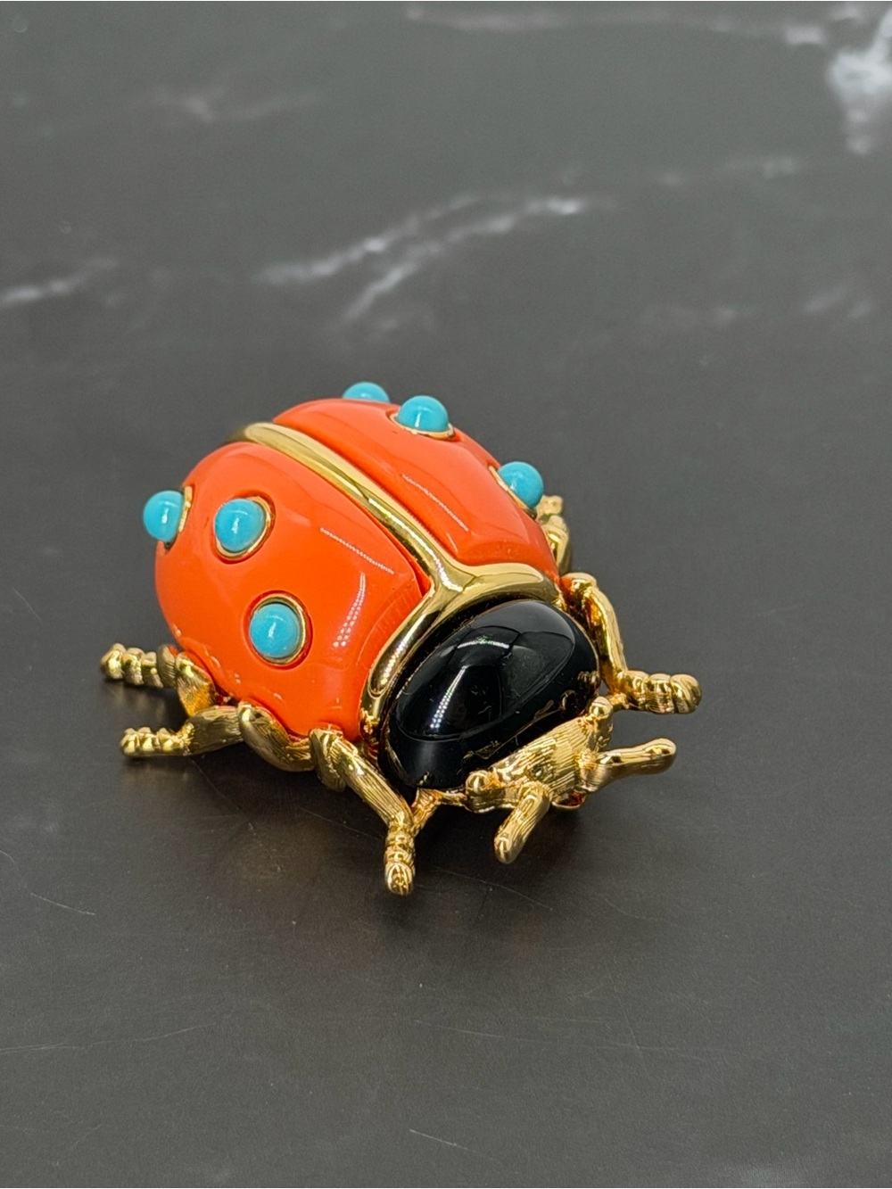 Kenneth Jay Lane KJL Ladybug Brooch Faux Coral Turquoise Gold Tone Vintage Runwa